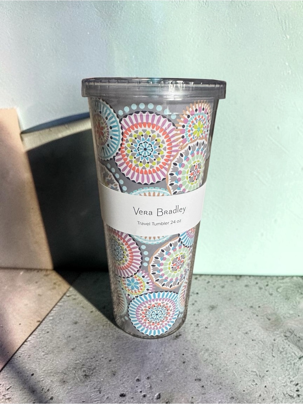 Vera Bradley Gray Mandala Pattern Travel Tumbler NEW